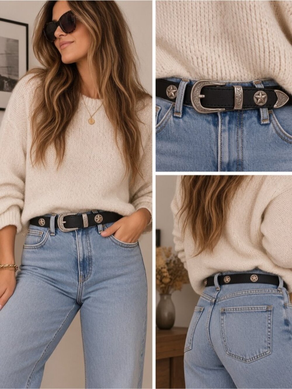 Classic Western Star Black Leather Belt with Silver Buckle